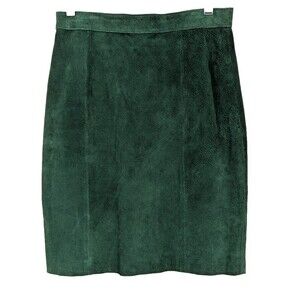 Y2K Green Suede Skirt Size 9 Leather Pencil Lined Office Academia
